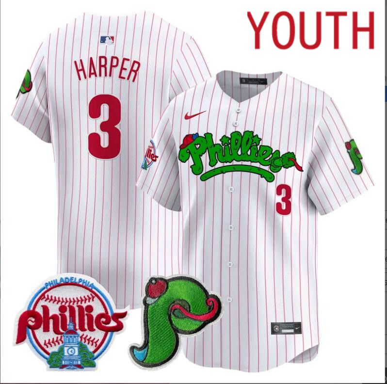 Youth  Philadelphia Phillies #3 Harper white with red strips Limited 2024 MLB Nike jersey->youth nfl jersey->Youth Jersey